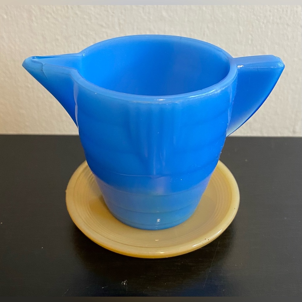 Vintage Akro Blue Agate Glass Tea Pitcher Cup Saucer Child’s Small 2.5” Teapot